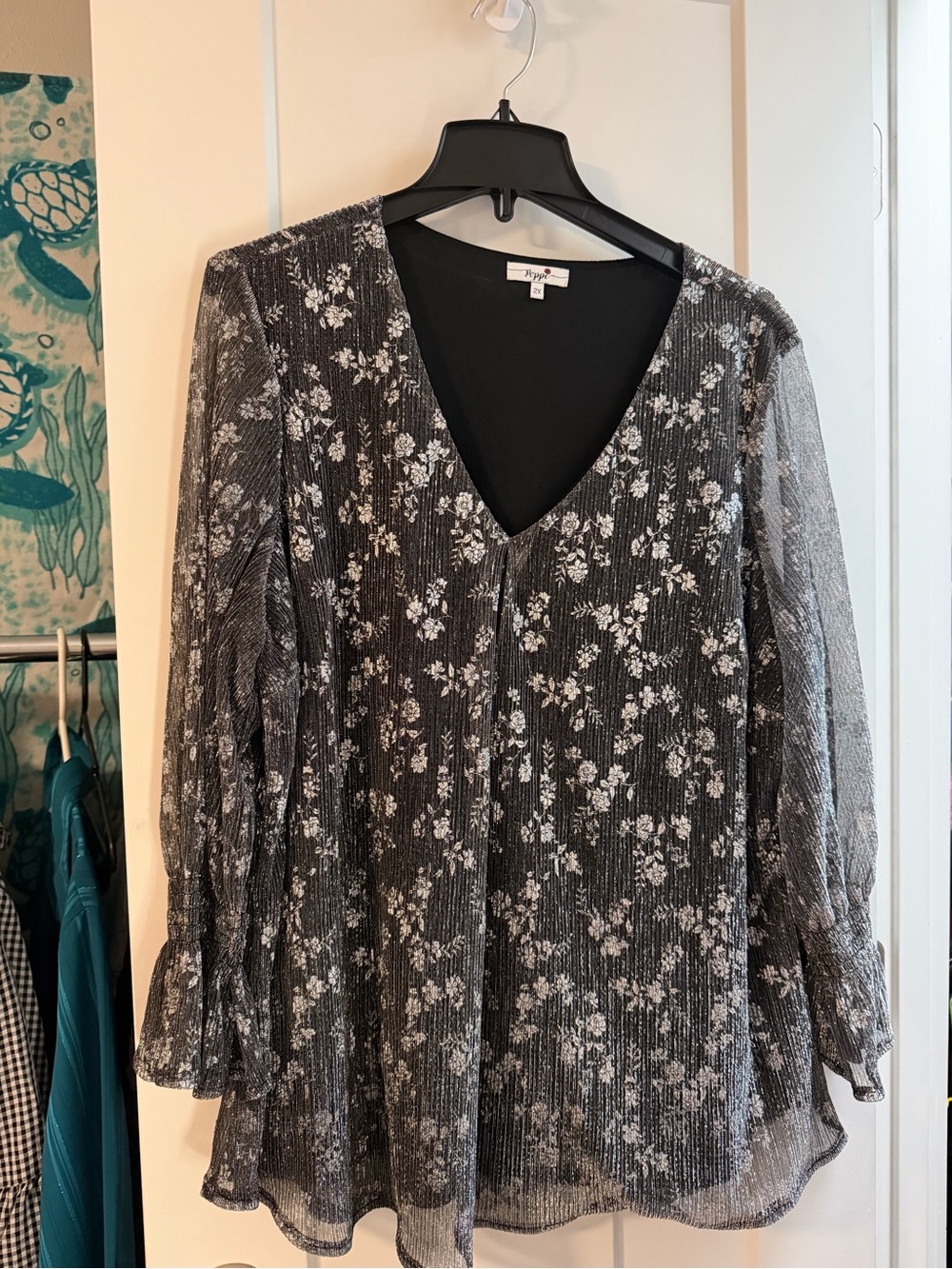 Poppi Floral Metallic Print Black V-Neck Blouse